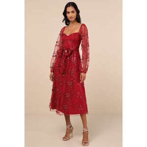 Lulus Darling Charisma Wine Red Mesh Embroidered Midi Dress - Size: Medium